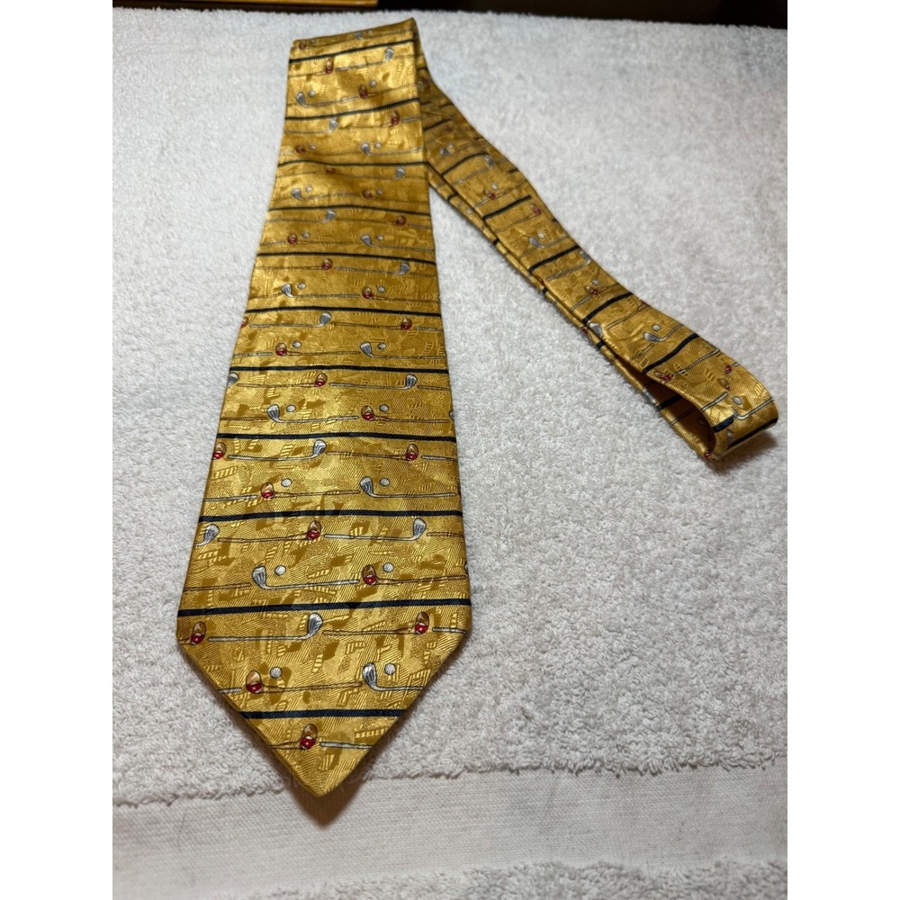 Crooks & Creed London Silk Tie Gold Golf Club Ball Theme Handmade Mens Necktie